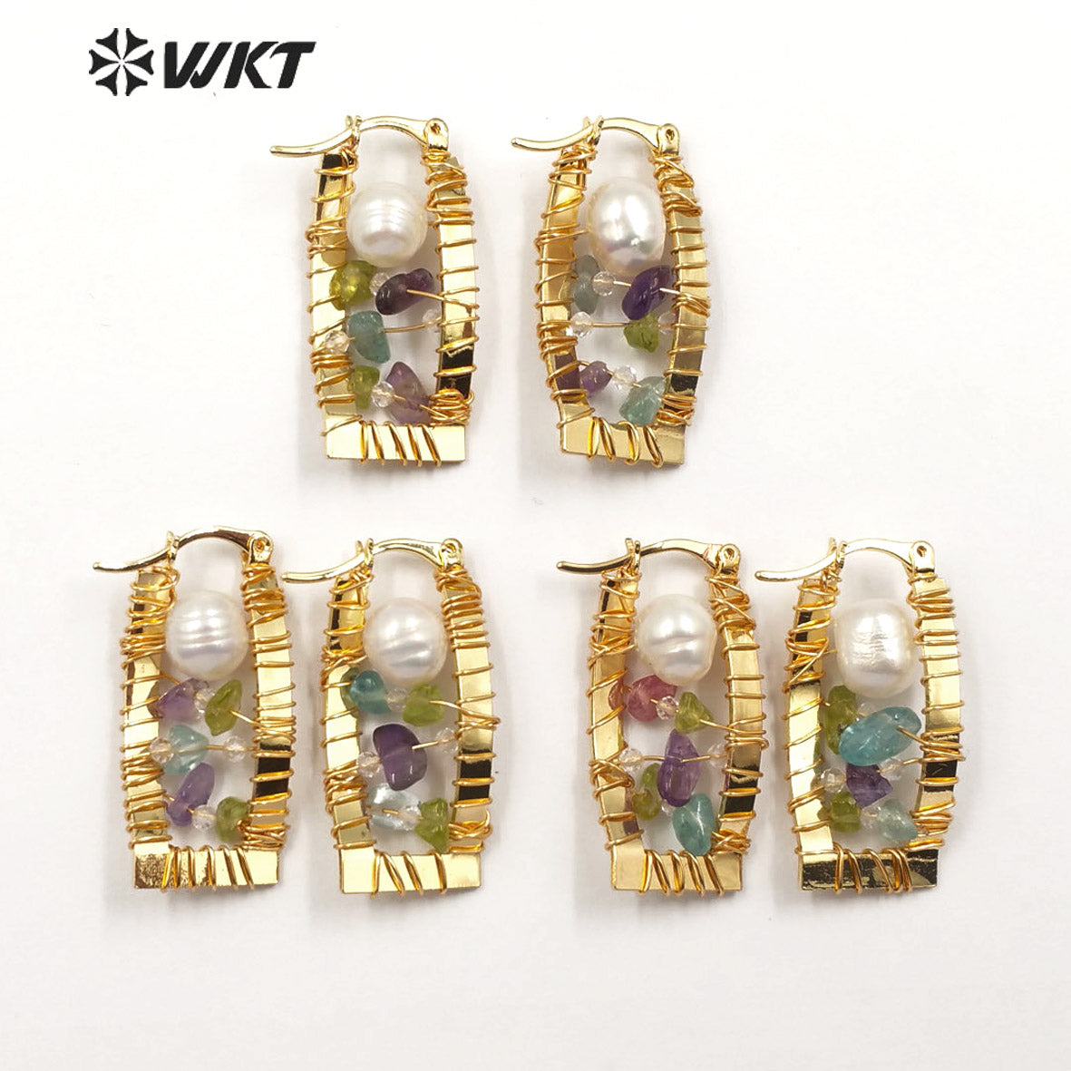 WT-E589 Long square Fashion Pearl Earrings in 18k Gold Plated Statement Lady Loved Stone Beads Wire Wrapped Earrings