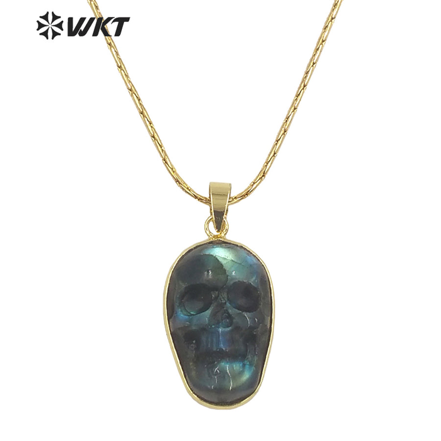 WT-N1357 WKT Special Skeleton Ghost Head Natural Carved Labradorite Necklace Style Rock and Roll Style Skull Necklace