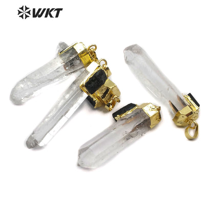 WT-P1447 Wholesale New Design Natural Stone in 18K Gold Plated Crystal Quartz with Black Tourmaline Charm Pendant