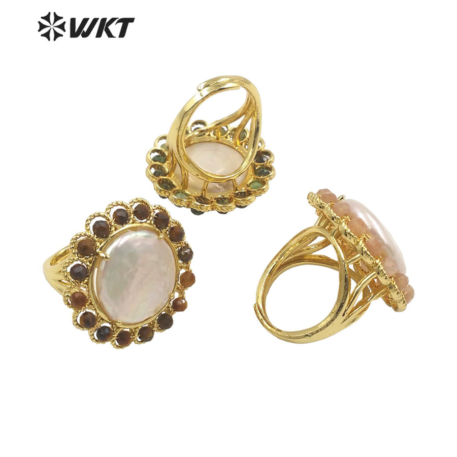 WT-MPR061 Vintage Design Natural Stone & Freshwater Pearl Stravagante 18k Gold Plating Women Pearl Boho Ring for Gift