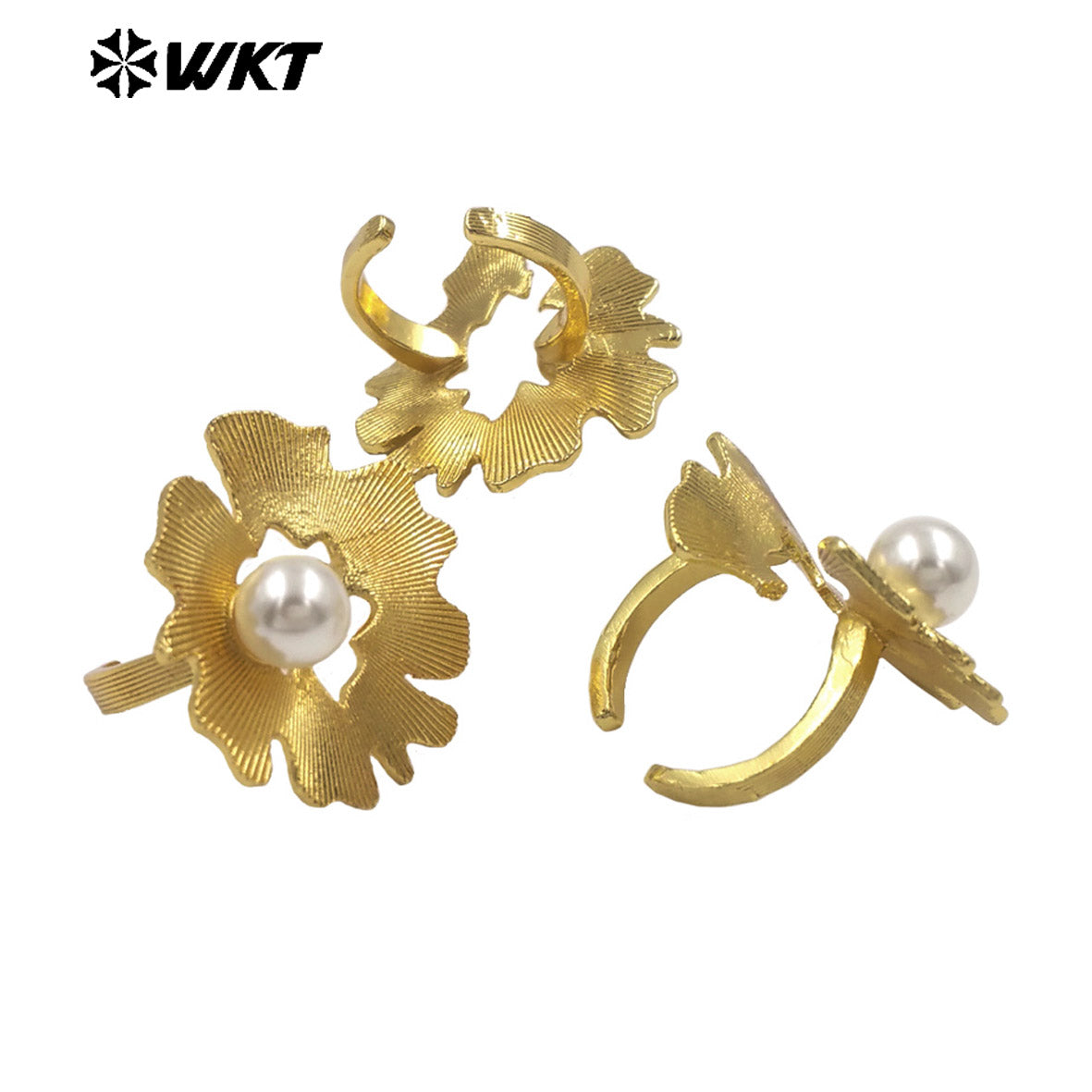 WT-R591 Unique Hollow Design 18K Gold Plated Yellow Brass And Artificial Pearl Metal Ring For Lady Party Wearing Jewelry