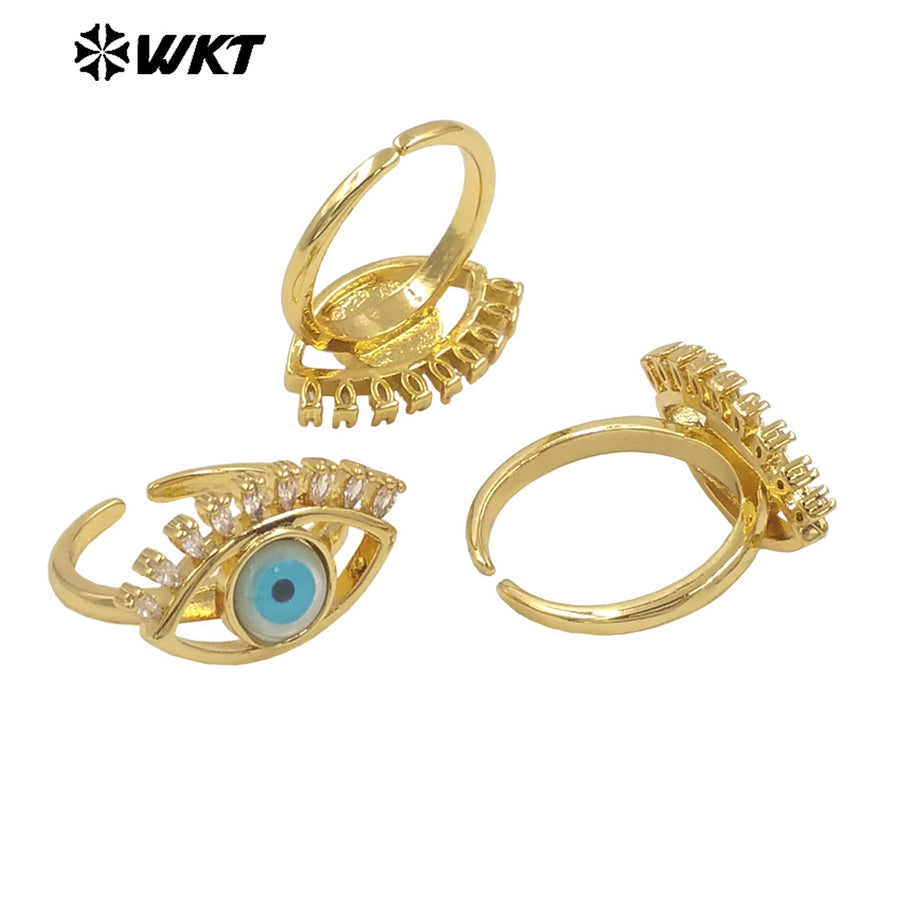 WT-MPR103 Newest Fashion Micropave Cubic Zircon Setting Trendy Gold Plated Turkey Eye Shell Ring in Adjustable Size