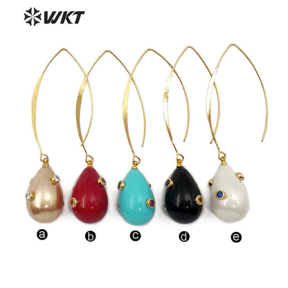 WT-E556 Natural Shell Pearl With Hole Big Ring for Women Shell Earring Gold Plated Hollow Out White Red Shell Earring