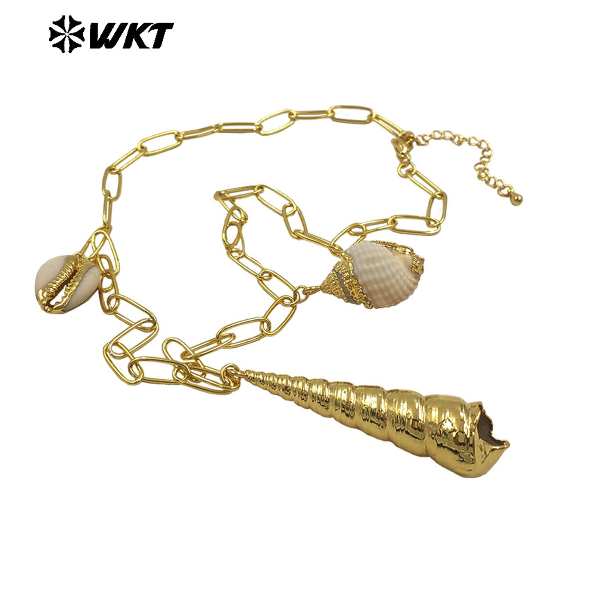 WT-JN317 Fashion Women Bohemian Vintage Style Big Link Chain Natural Cowrie Trumpet Shell Necklace For Summer