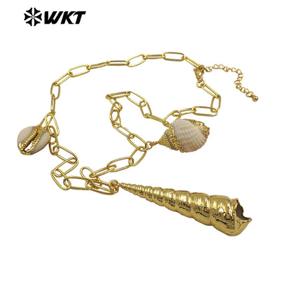 WT-JN317 Fashion Women Bohemian Vintage Style Big Link Chain Natural Cowrie Trumpet Shell Necklace For Summer