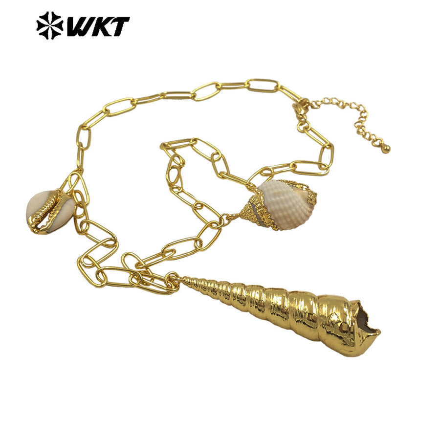 WT-JN317 Fashion Women Bohemian Vintage Style Big Link Chain Natural Cowrie Trumpet Shell Necklace For Summer