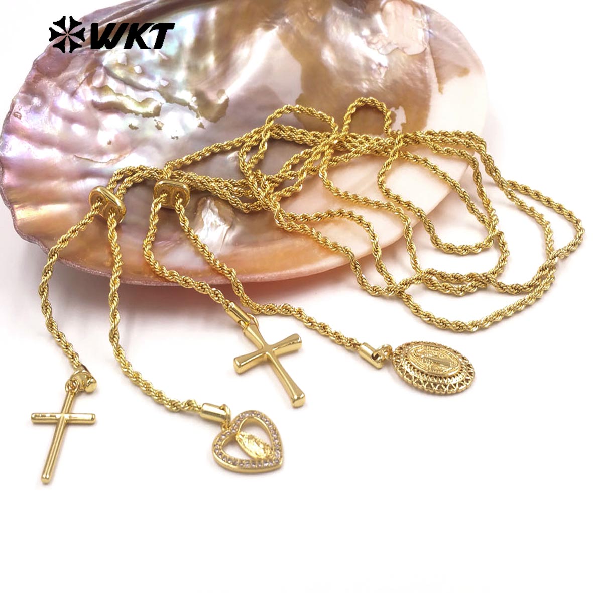 WT-JFN53 Top Fashion Gold Electroplated Chain With Brass And Zircon Cross Religious Little Charms Metal Women Necklace