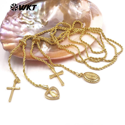 WT-JFN53 Top Fashion Gold Electroplated Chain With Brass And Zircon Cross Religious Little Charms Metal Women Necklace