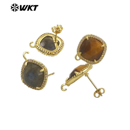 JFE120 Women Popular Fashion Gold Plated 10MM Square Natural Gemstone Amazonite Earring Studs With Hoop for DIY