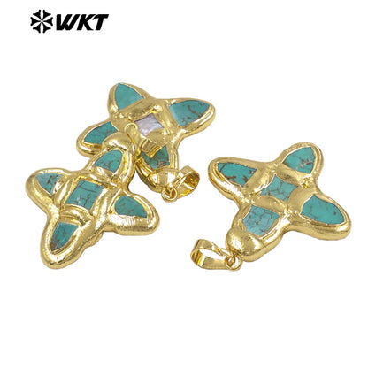 WT-P2036 Popular Sale Gold Electroplated Natural Turquoise And Pearl Pointed Cross Pendants As Handmade Necklace Accessory