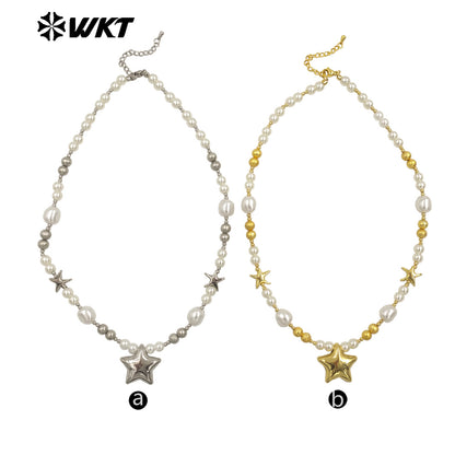 WT-JN287 WKT Natural Yellow Brass Artificial Pearl Star Shape Gold and Silver 16 Inch Necklace for the Girl As Birthday Gift