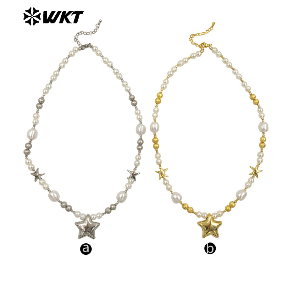 WT-JN287 WKT Natural Yellow Brass Artificial Pearl Star Shape Gold and Silver 16 Inch Necklace for the Girl As Birthday Gift