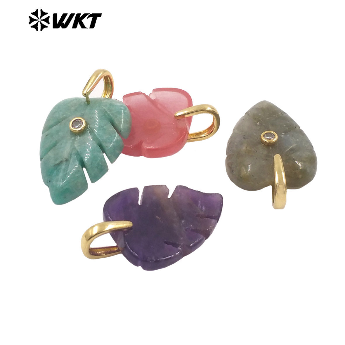 WT-P2141 Wonderful Zircon And Multi Colors Natural Gemstones Hand Carved Leaf Shape Gold Pendants For Lady Earrings DIY