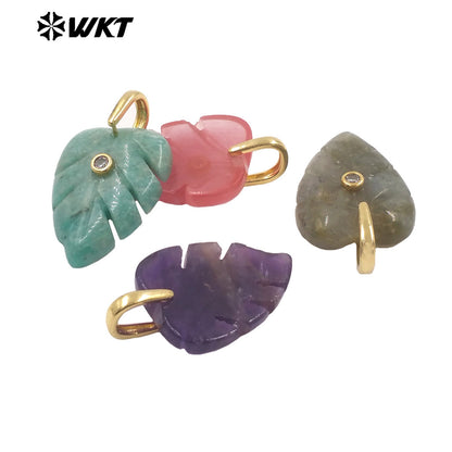 WT-P2141 Wonderful Zircon And Multi Colors Natural Gemstones Hand Carved Leaf Shape Gold Pendants For Lady Earrings DIY