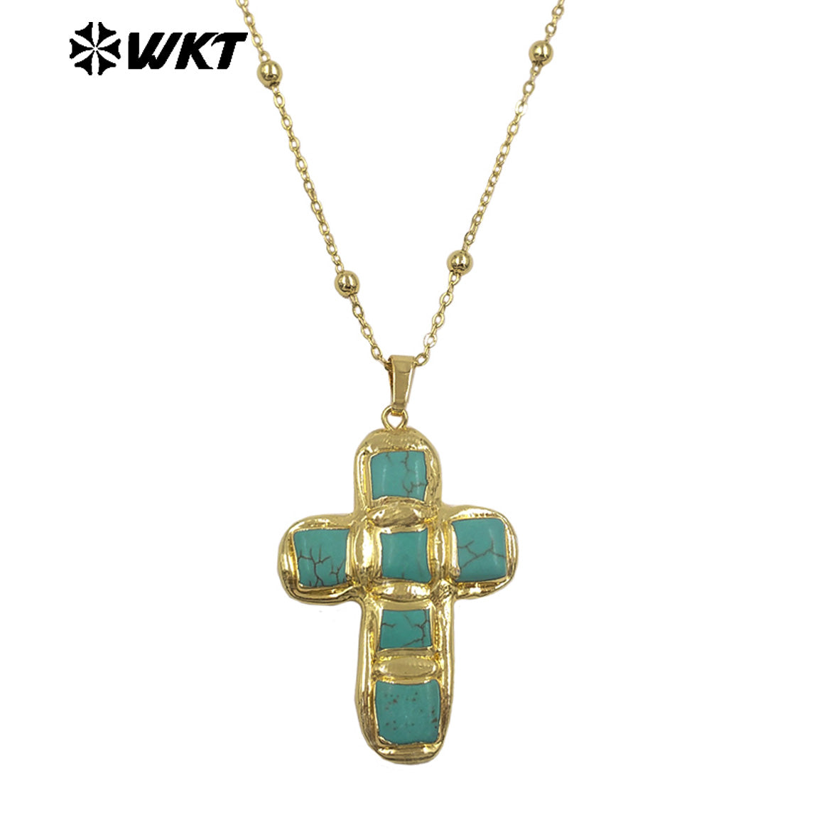 WT-N1523 Wholesale 18K Gold Electroplated Natural Turquoise Stone Cross Pendant Necklaces For Women Vintage Style Jewelry