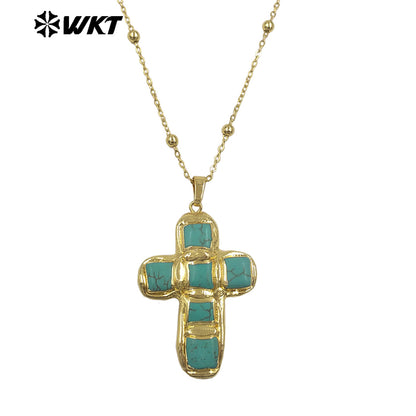 WT-N1523 Wholesale 18K Gold Electroplated Natural Turquoise Stone Cross Pendant Necklaces For Women Vintage Style Jewelry