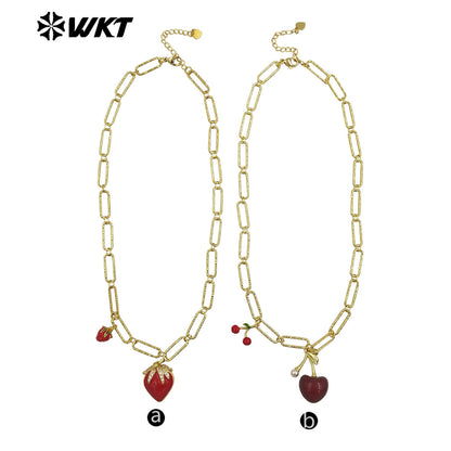 WT-JFN37 Romantic Fashion Fruits Necklace Double Charms Gold Plated Yellow Brass With Drop Oil As Girlfriend Jewelry Gift