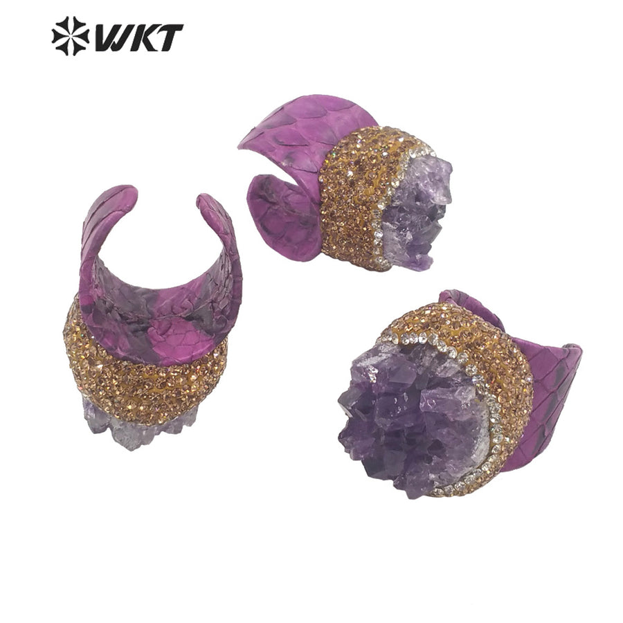 WT-R431 WKT New Design Rhinestone Hand Paved Natural Druzy Amethyst Stone Ring Women Gorgeous Genuine Leather Vintage Stone Ring