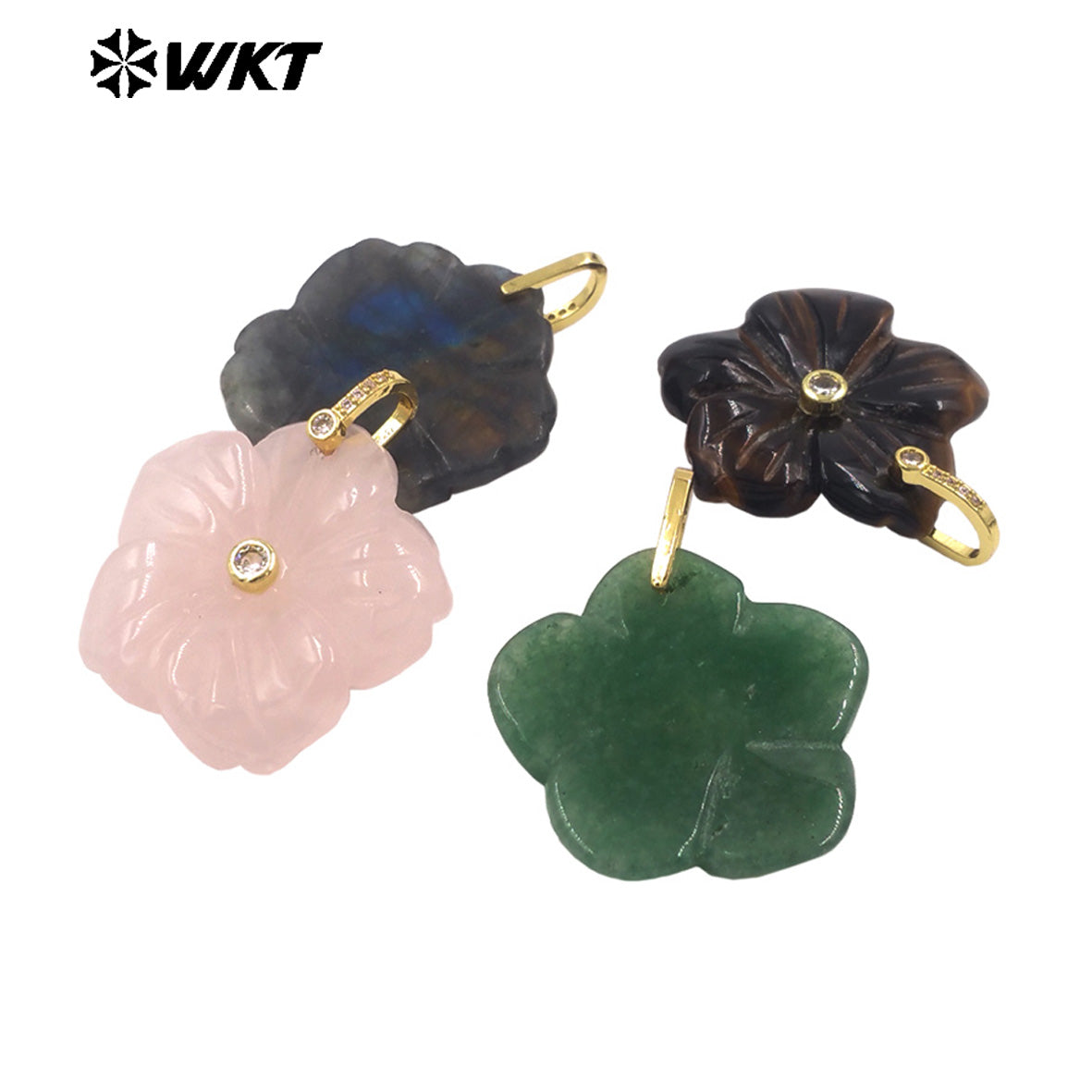 WT-P2029 Delicate Fashion Zircon And Natural Gemstones Hand Carved Lovely Flower Shape Pendant For Ladies Jewelry Making