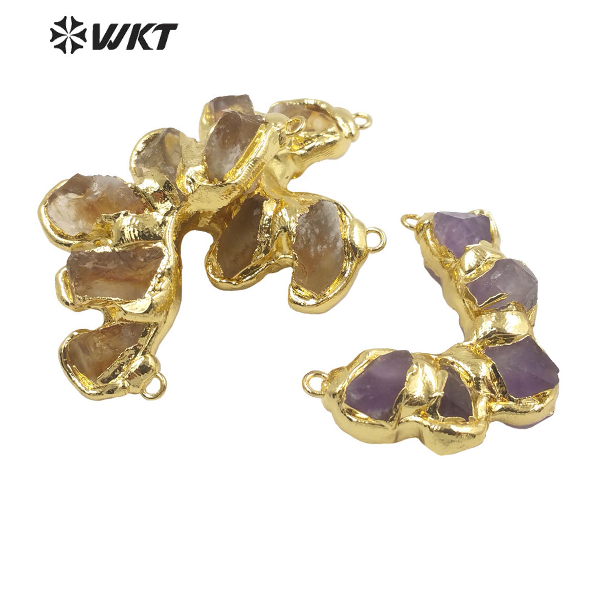 WT-C313 Amazing Handmade Natural Raw Amethyst and Yellow Citrine Quartz Pendant Gold Double Loops Stone Statement Connector