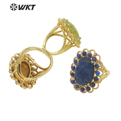 WT-R460 Wholesale Newest Gorgeous Women Oval Natural Amazonite Wedding Ring Faceted Stone Beads Anniversary Ring in Gold