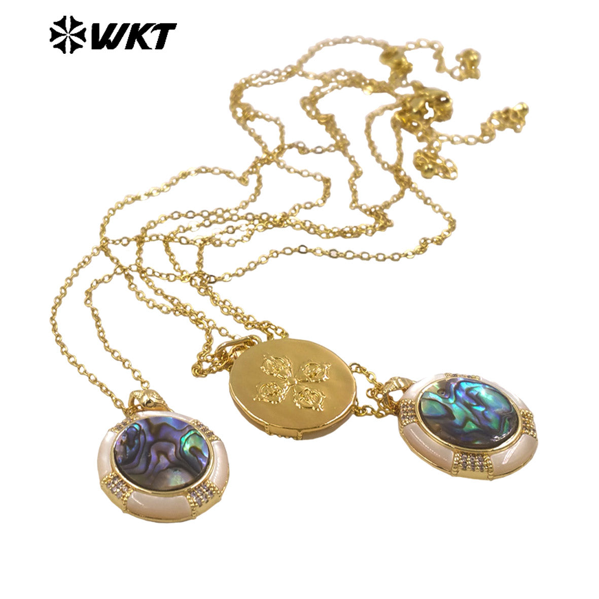 WT-JN358 Good Qualify 18K Gold Electroplated Natural Abalone Shell Round Pendant Necklace As Women Vintage Jewelry Gift