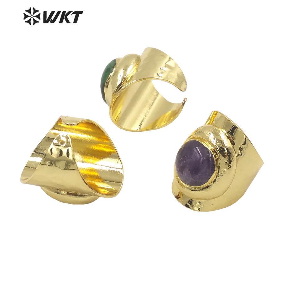 WT-R441 Wholesale Fashion 18k Gold Plated Resist Tarnishable Round Stone Ring Lovely Energy Gemstone Cocktail Ring