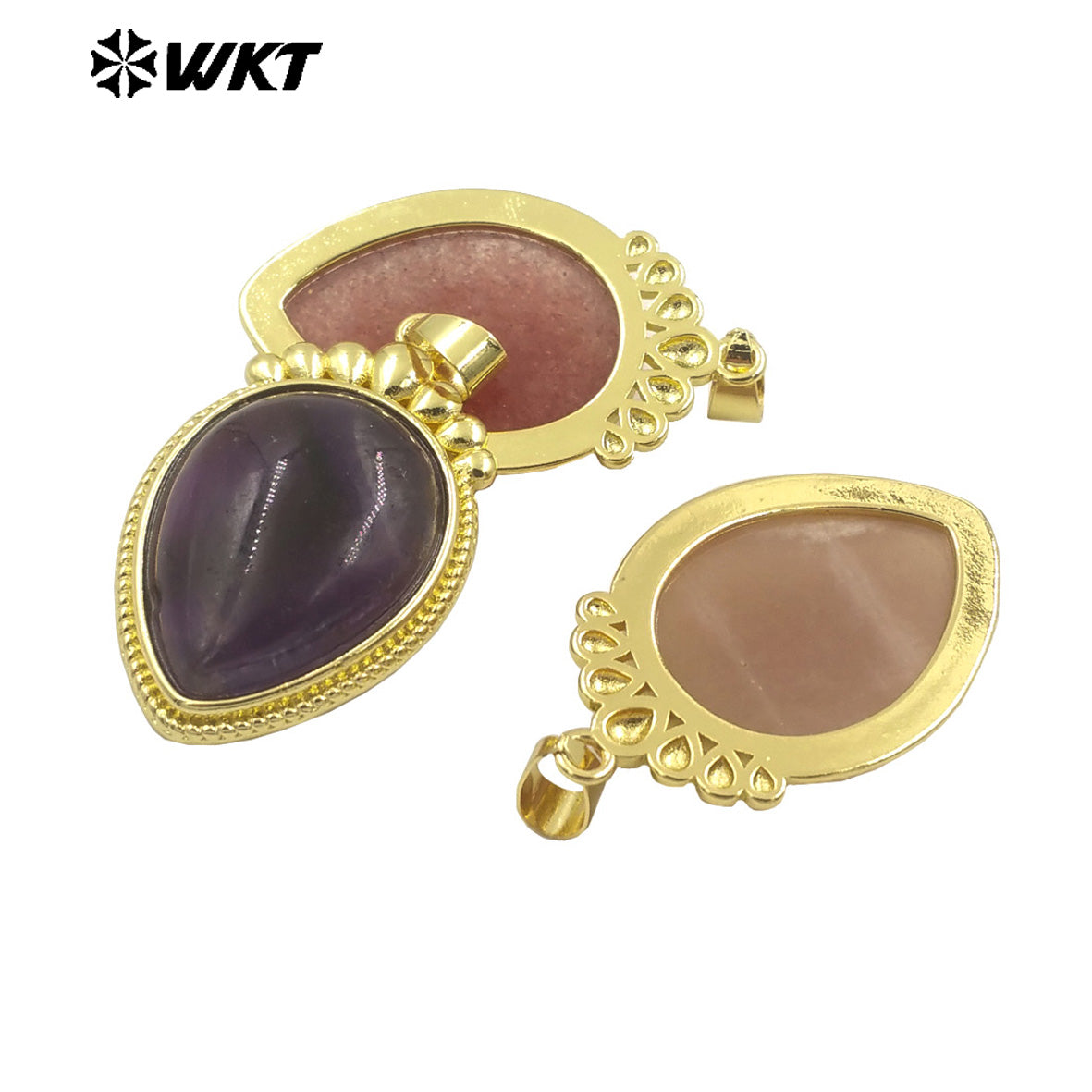 WT-P1972 Amazing WKT New Design High Polish Long Drop Stone Made Gold Bezel Setting Natural Amethyst Pendants for Necklace