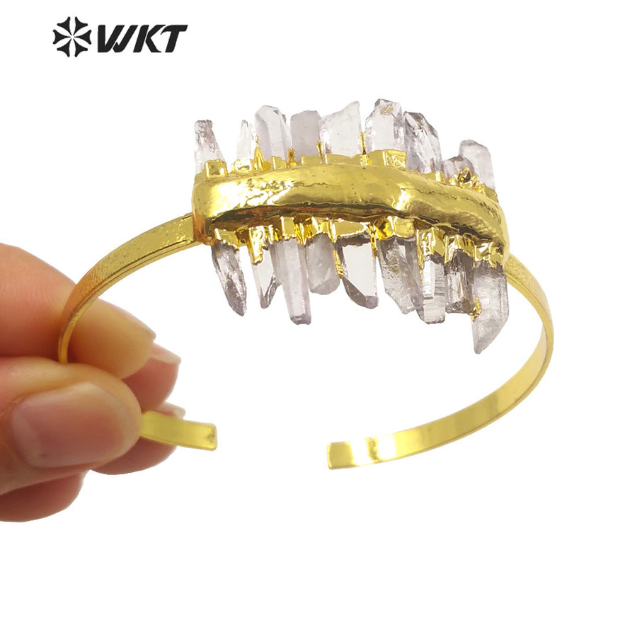 WKT-B583 Noble Generous Gold Electroplated Open Size Cuff Bangle Women Bohemian Natural While Crystal Quartz Gold Bangle