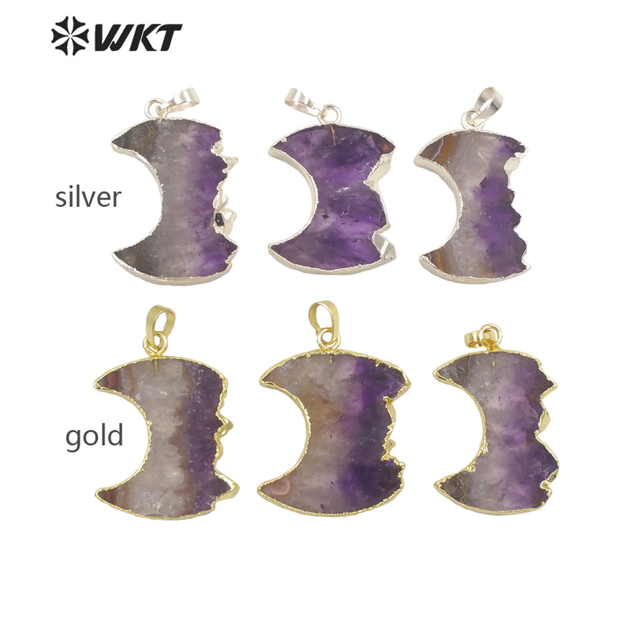 WT-P1714 Newest Fashon Gold Trim Slice Brazil Amethyst Moon Pendant Women Energy Natural Stone Carved Jewelry Pendant