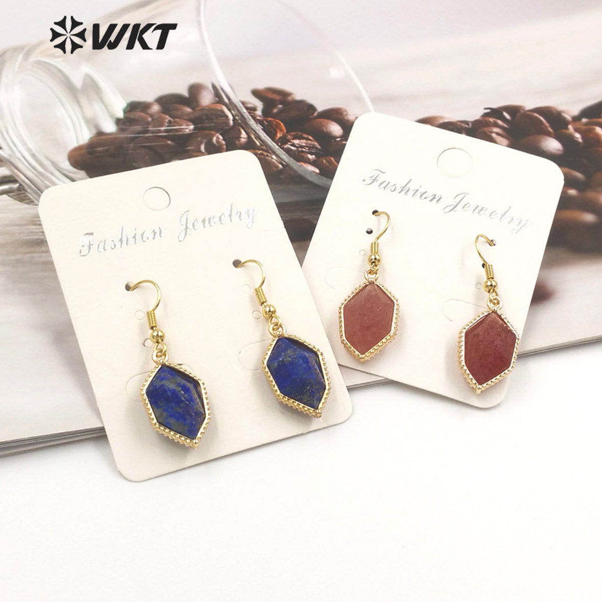 WT-E741 Amazing Colorful Elegant Natural Cat Eye Stone Hexagon Shaped Long Charming in Drop Earrings Women Pendant Earrings
