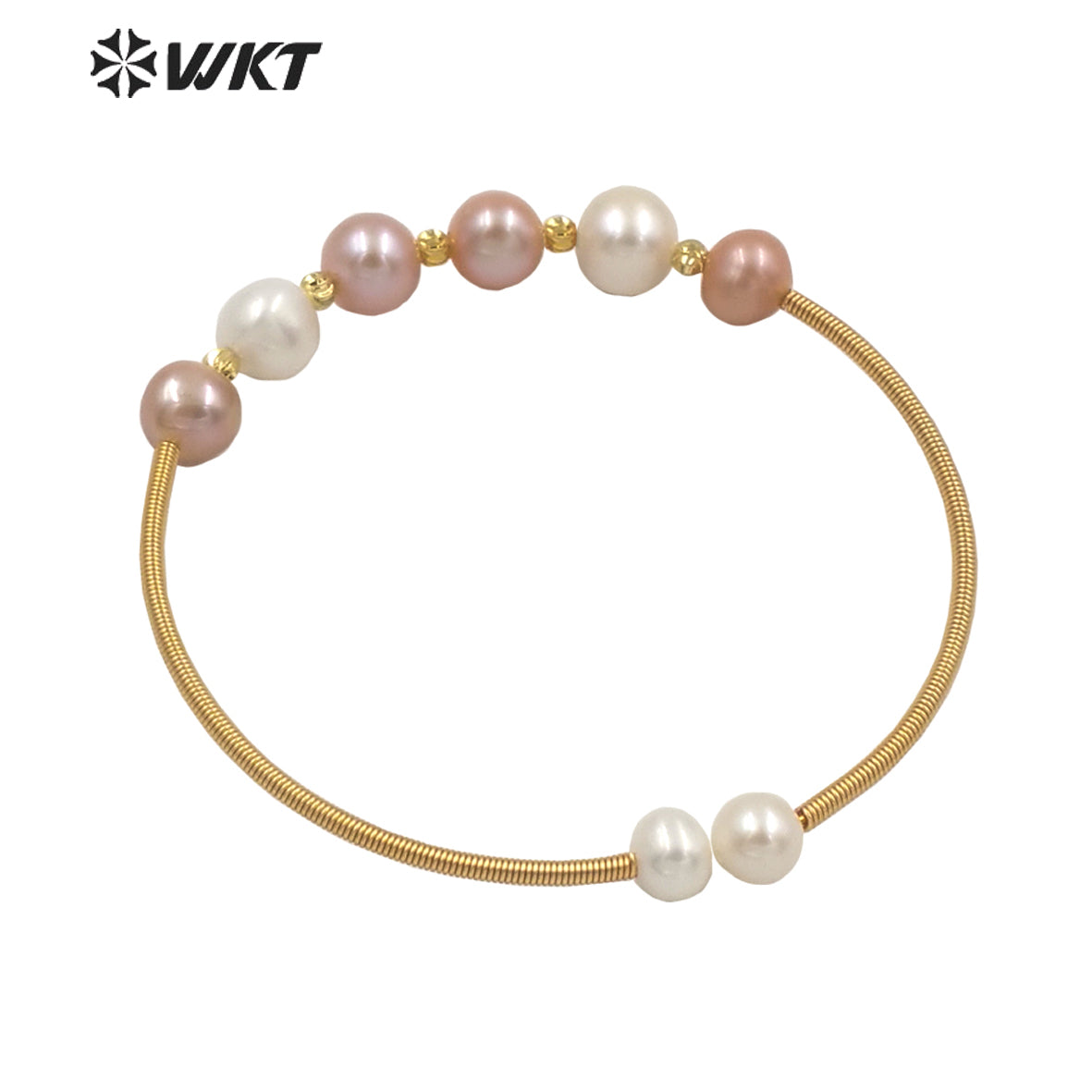 WT-MPB032 High Populared Gold Wire Wrapped Natural Round Freshwater Pearl Bangle Fashion Tiny Elegant Pearl Beads Bangle