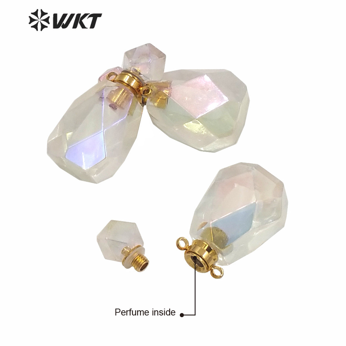 WT-P1593 WKT Exclusive New Amazing Gold Aura Crystal Quartz Faceted Perfume Oil Pendant Hotsale Women Angel Color Bottle Pendant