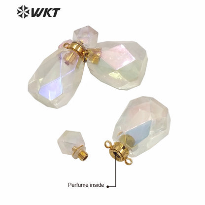 WT-P1593 WKT Exclusive New Amazing Gold Aura Crystal Quartz Faceted Perfume Oil Pendant Hotsale Women Angel Color Bottle Pendant