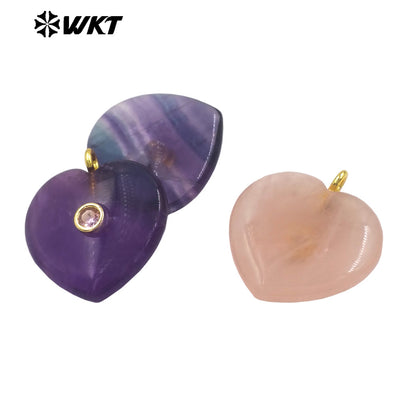 WT-P2087 Lovely Gold Plated Zircon Setting In Natural Gemstone Heart Shape Pendants For Women Romantic Necklace DIY Design