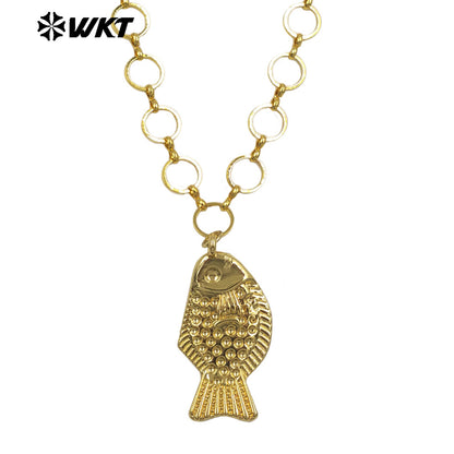 WT-JFN69 Factory Wholesale Round Metal Chain And 18K Gold Plated Yellow Brass Fish Pendant Necklace As Lady Daily Jewelry