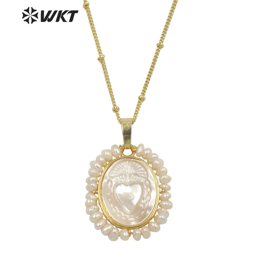 WT-JN155 Fashion 18K REAL Gold Plated Saint Mary Heart Shell Pendant Necklace WKT Hot Gold Bezel Shell Angel Heart Necklace