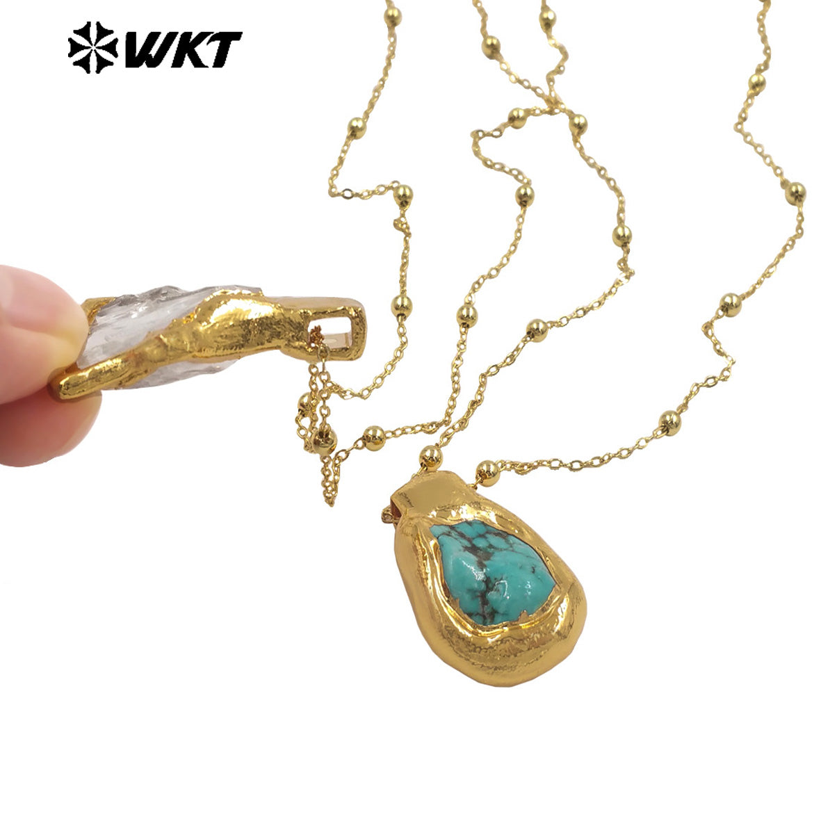 WT-N1500 Exquisite Gold Electroplated Natural Quartz And Turquoise Stone Irregular Pendant Necklace For Women Daily Decoration