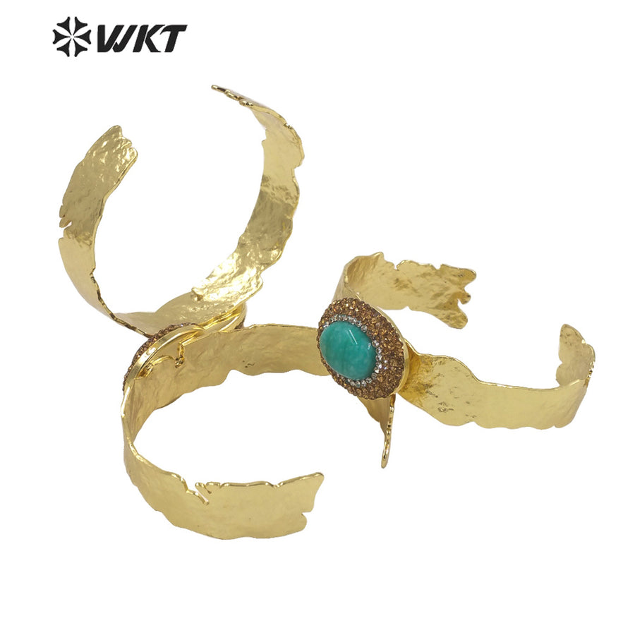 WT-B628 Europe Colorful Precious Gemstone Opening Bangle with Rhinestone Setting Women Oval Amethyst Stone Bangle