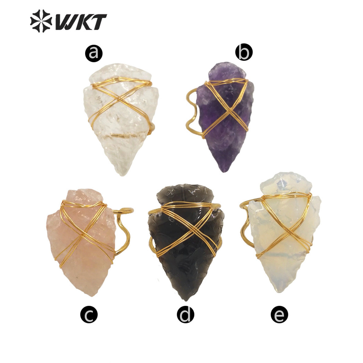 WT-R390 WKT 2022 Boho Style Women Wire Wrapped pink Quartz Arrowhead Ring for Women New Fashion Statement Ring Party