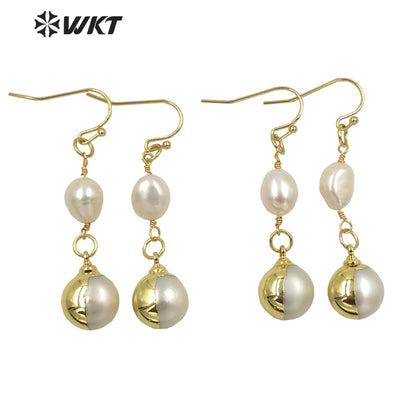 WT-MPE057 Elegant Style Long Dangle Natural Freshwater Pearl Earrings Fashion Chic Round Pearl Gold Pearl Earrings