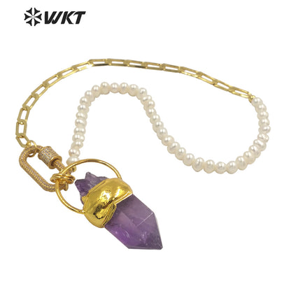 WT-N1303 Wholesale 18k Real Gold Plated Gorgeous Natural Amethyst Stone Necklace in 16 Inch Women Pearl Chain Stone Necklace
