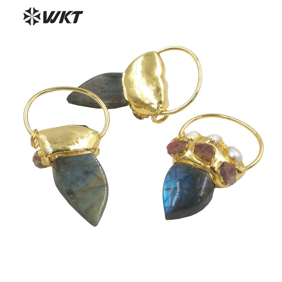 WT-P1894 Wholesale Fashion Gold Plated With Big Ring Stone Pendant Gorgeous Handmade Pearl Labradorite Horn Pendant Jewelry