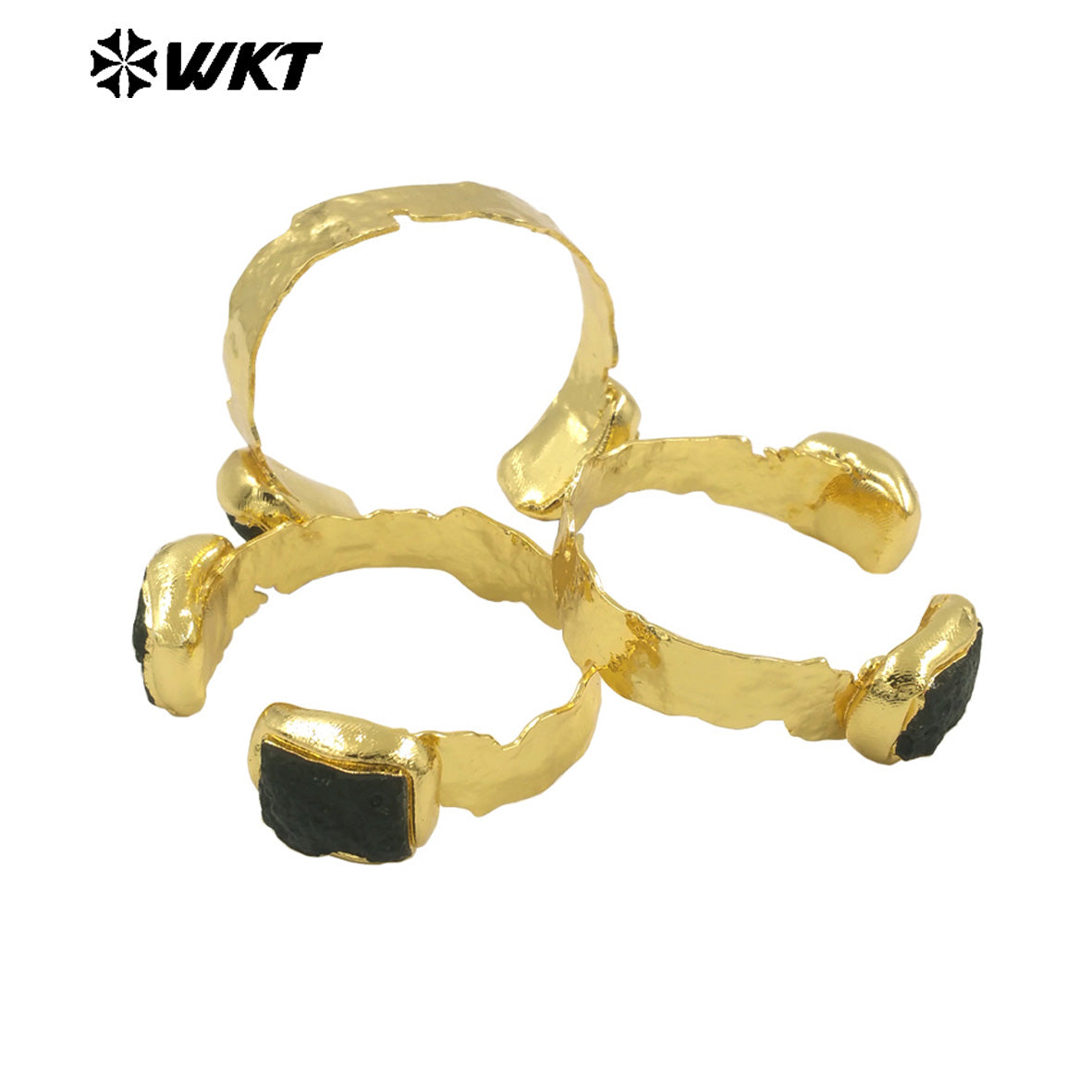 WT-B664 Wholesale Fashion Double Black Stone Adjustable Natural Meteorite 18K Real Gold Plated Jewelry Energy Bangle