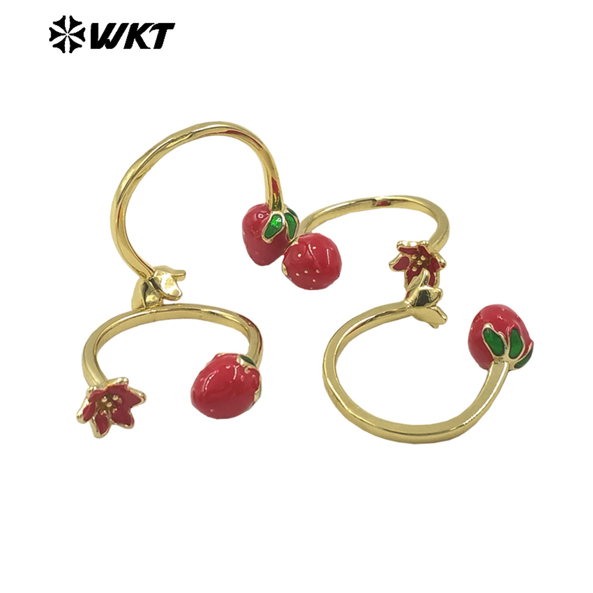 WT-RF008 Wholesale Gold Plated Women Ring Adjustable Size Strawberry And Flower Charm For Daily Wearing Jewelry Accessory