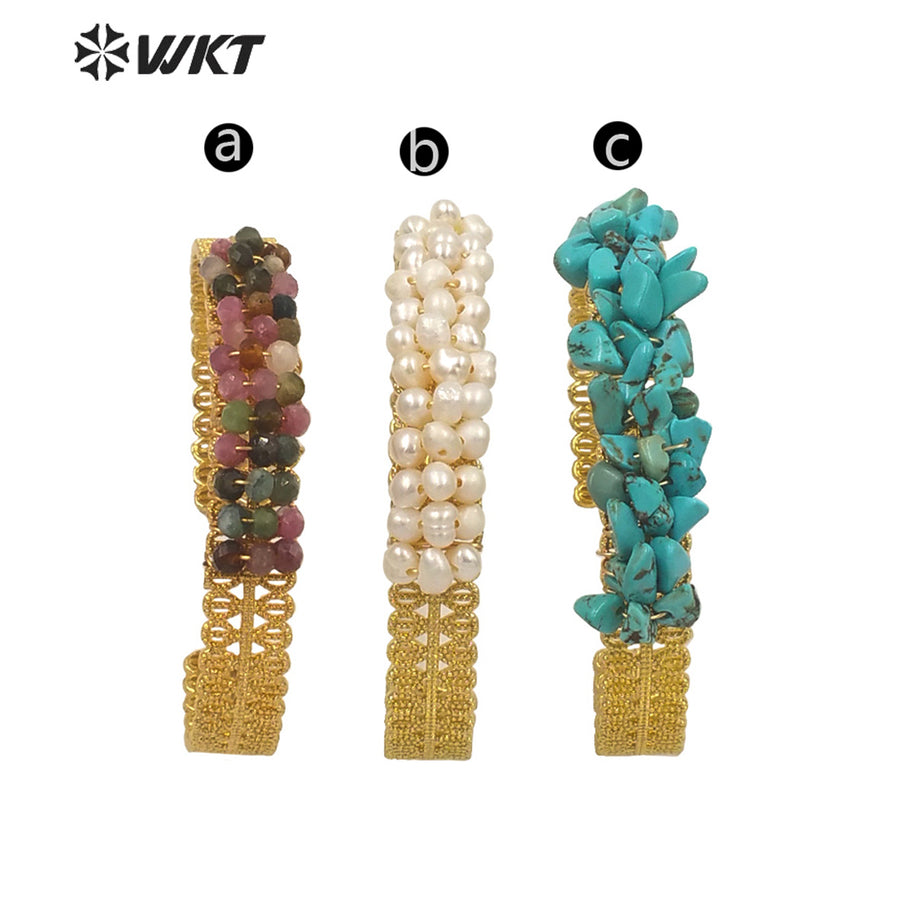 WT-B571 Amazing Tiny Crack Gold Wire Wrapped Stone Bangle Fashion Women Gold Electroplated Tiny Birthday Stone Bangles
