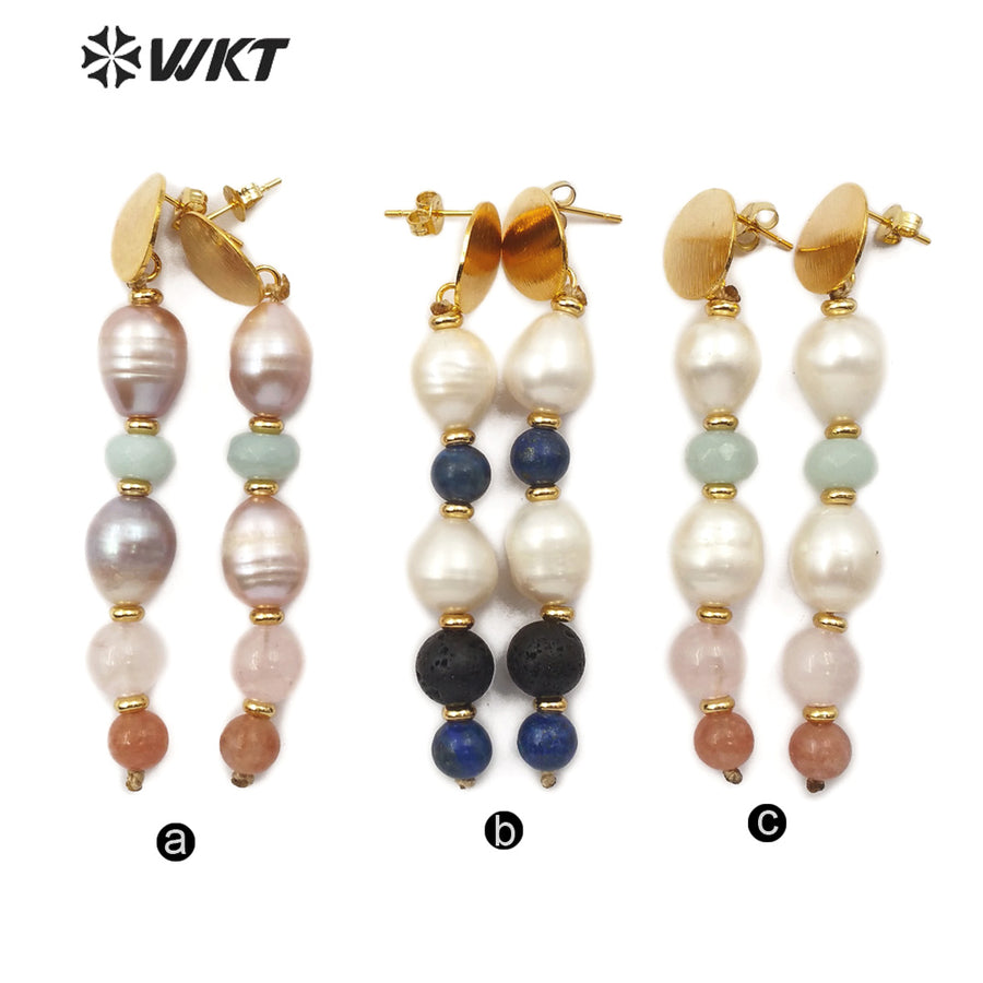 WT-E570 Wholesale Women Jewelry Pearls and Stone Beads Earrings with Gold Plated Natural Pearl and Stone Jewelry