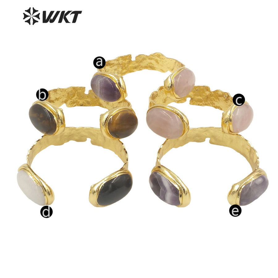 WT-B591 2022 WKT Fashion Natural tiger Eye Amethyst Black Obsidian pink Quartz Bangle Opening Adjustable Oval Stone Bangles