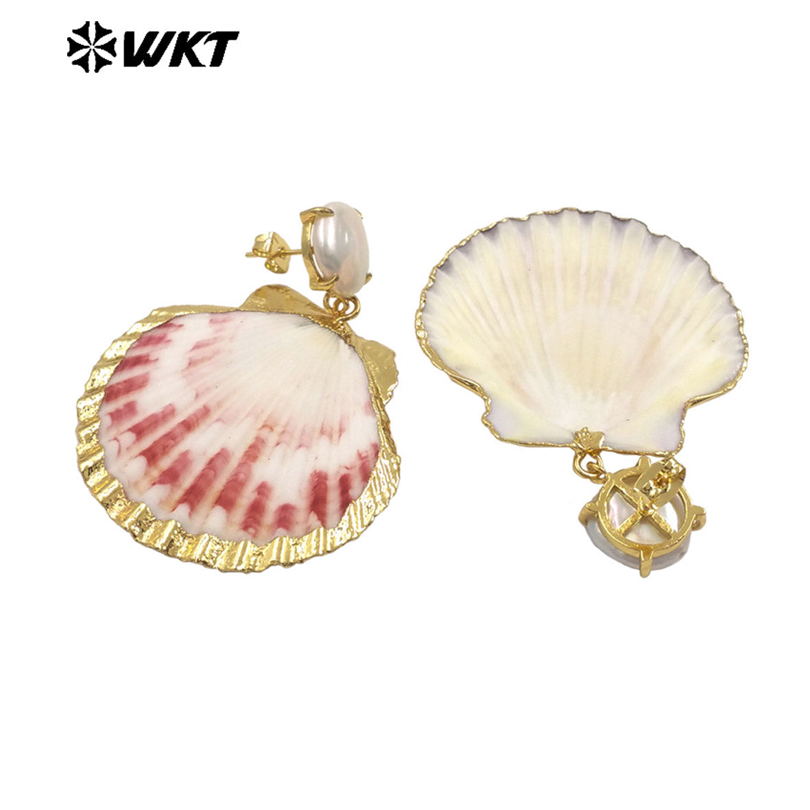 WT-MPE164 Popular Sales Ladies 18K Gold Natural Scallop Shell And Pearl Earrings For Summer Beach Vacation Jewelry Accessory