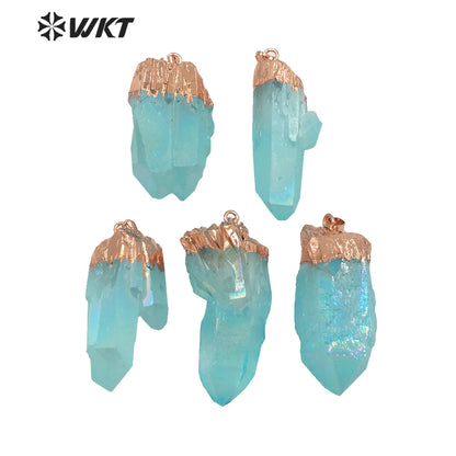 WT-P1610 Amazing Light Aqua Aura Crystal Pendant Women Fashion Rose Gold Spirit Quartz Point Aqua Stone Pendant in Natural